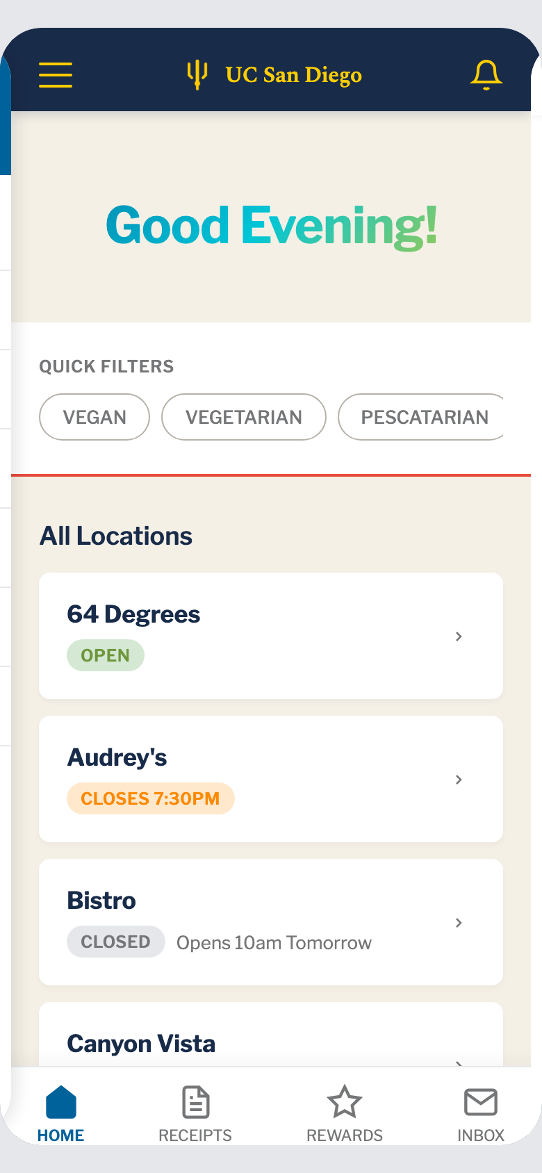 Triton Mobile Order prototype — home with dietary quick filters
