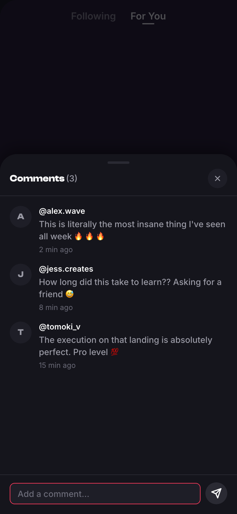 Generated app comments bottom sheet open
